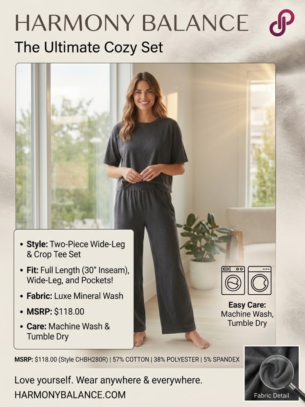 Harmony Balance Wide-Leg 2-Piece Set — Mineral Wash Charcoal, NWT